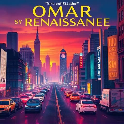 Couverture de l'album 'Renaissance' d'Omar Sy, représentant un paysage urbain stylisé.