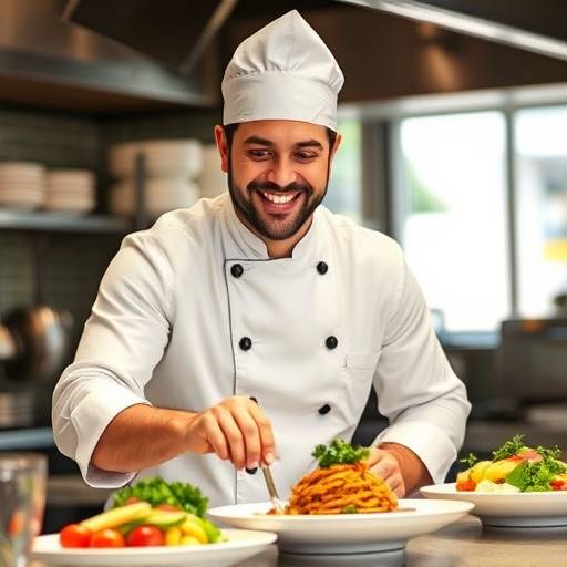 Cyril Lignac souriant dans sa cuisine, préparant un plat gastronomique.