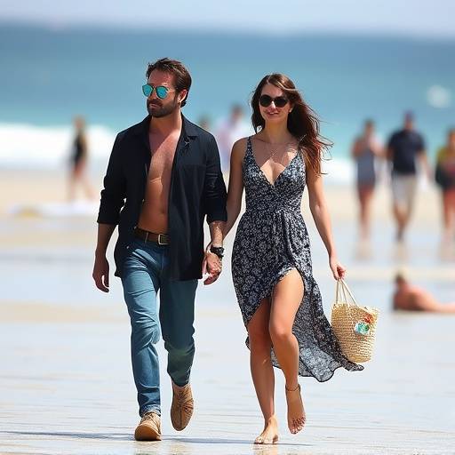 Photo paparazzi de Sophie Marceau et Cyril Lignac se promenant main dans la main sur la plage.