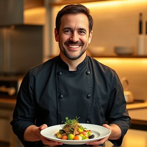 Portrait souriant de Pierre Dubois, chef étoilé, dans sa cuisine moderne, tenant une assiette de plat gastronomique sophistiqué.